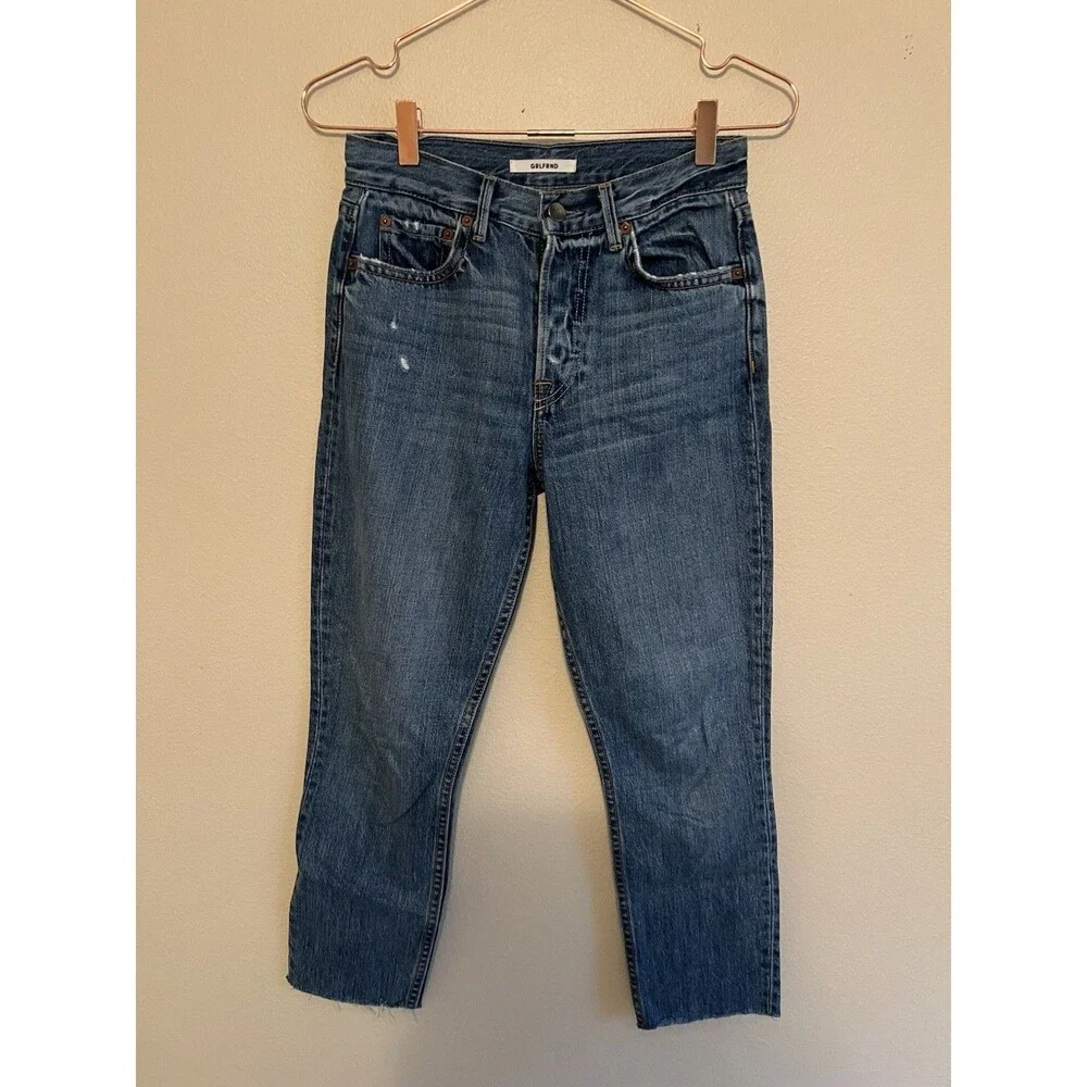 Grlfrnd Denim Blue Jeans Karolina Dark Wash Size 24 Raw Hem‎ Forget Me Never